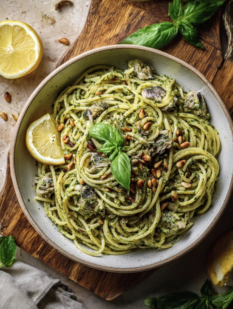 Spaghetti pasta coated in creamy pesto with sardines and basil, weeknight dinner under $10