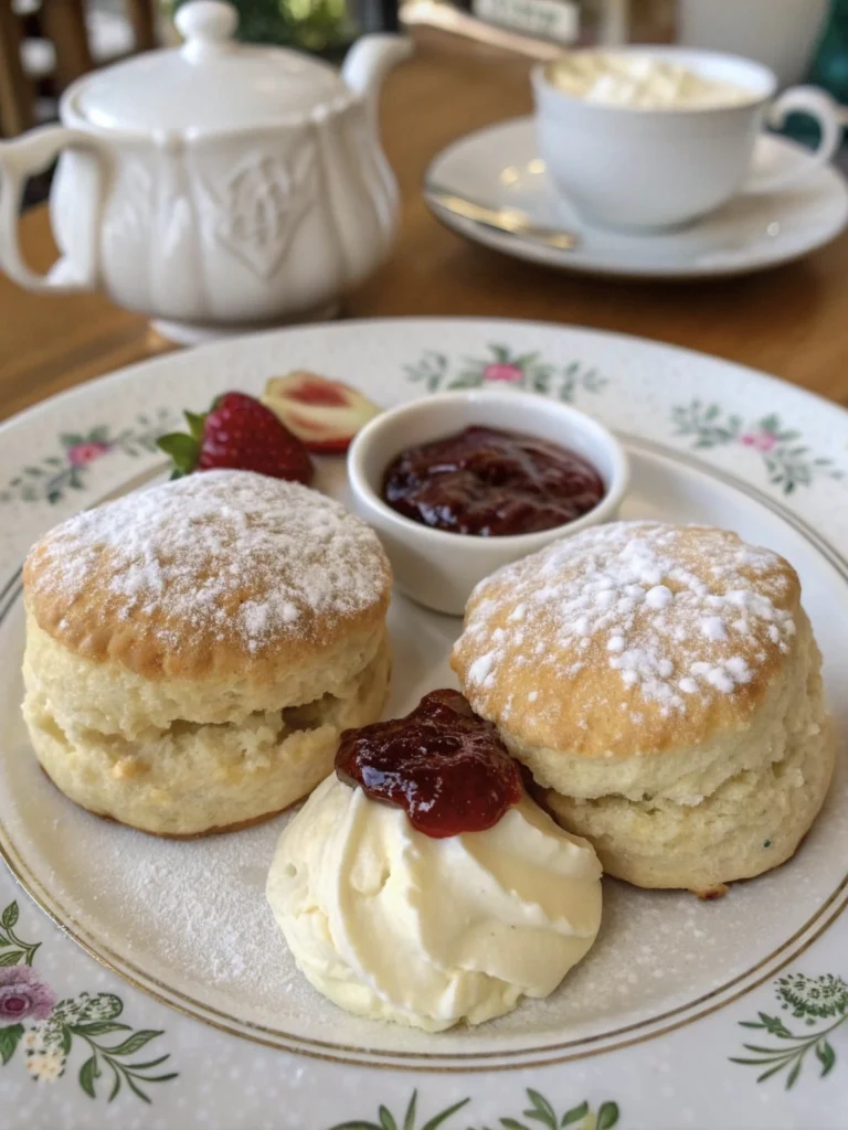 Elegant Bridgerton-Inspired Party Food That’s Surprisingly Easy 3 scones with clotted cream and jam on a rustic wooden table