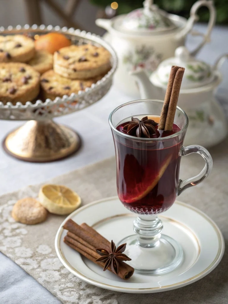 Elegant Bridgerton-Inspired Party Food That’s Surprisingly Easy 11 A glass of spiced mulled wine with cinnamon sticks and star anise, surrounded by dried orange slices and spices.