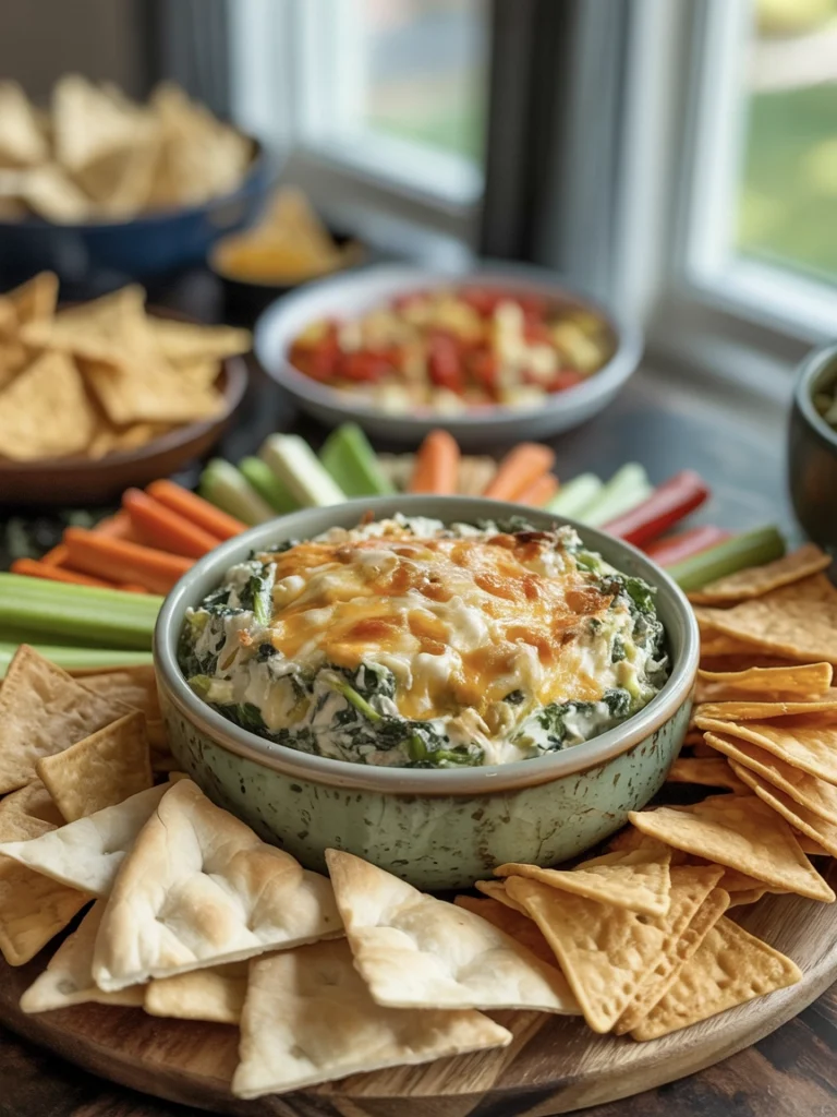 Warm, bubbly spinach and artichoke dip served in a white ramekin with crackers.
