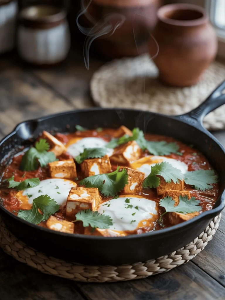 Skillet of vegan shakshuka with chickpeas in tomato-pepper sauce, served with bread