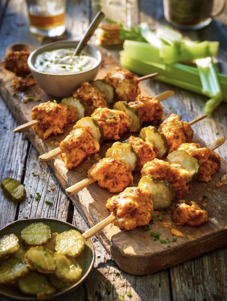 Buffalo Ranch Pickle Chicken Skewers stacked with sauce and pickles
