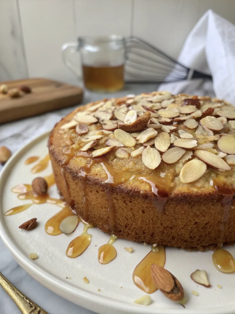 22 Gothic Wuthering Heights Party Recipes (A Moody Literary Menu) 12 A beautifully decorated honey and almond cake with honey drizzle and sliced almonds on top.