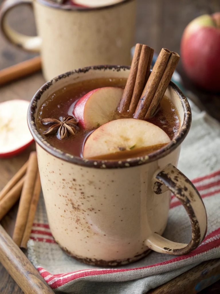 22 Gothic Wuthering Heights Party Recipes (A Moody Literary Menu) 2 Two mugs of spiced apple cider with cinnamon sticks and apple slices.