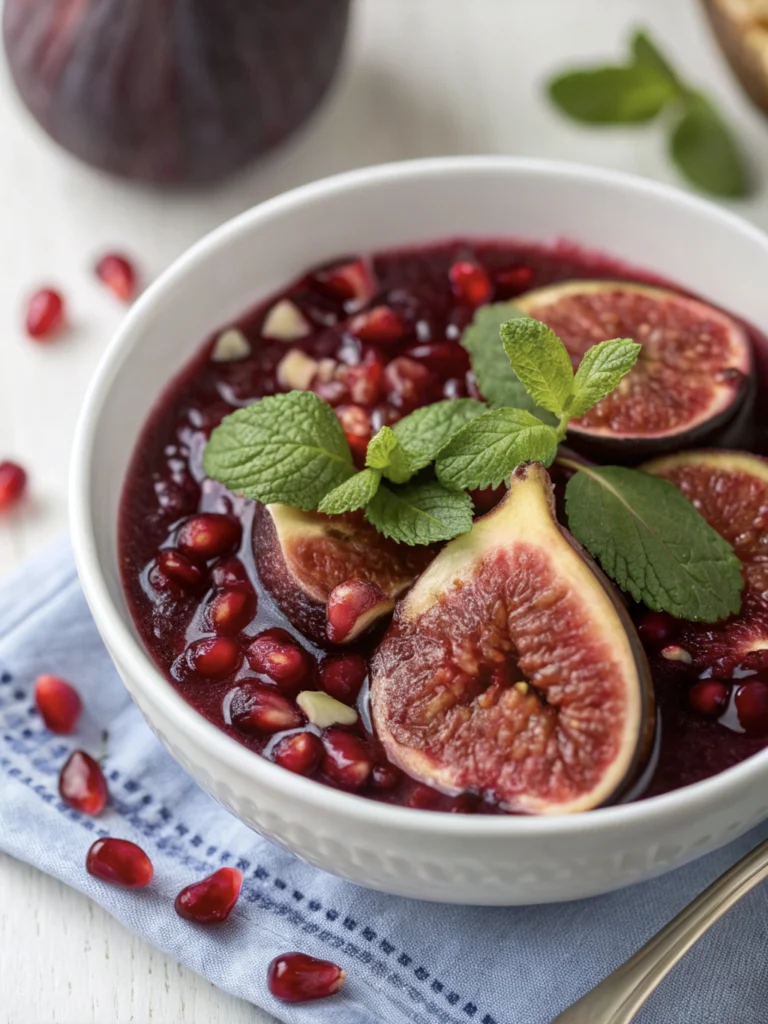 22 Gothic Wuthering Heights Party Recipes (A Moody Literary Menu) 15 A bowl of pomegranate and fig compote garnished with mint leaves.