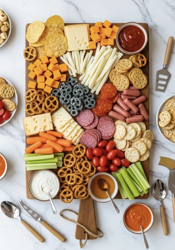 game day charcuterie board with meats cheeses and crackers