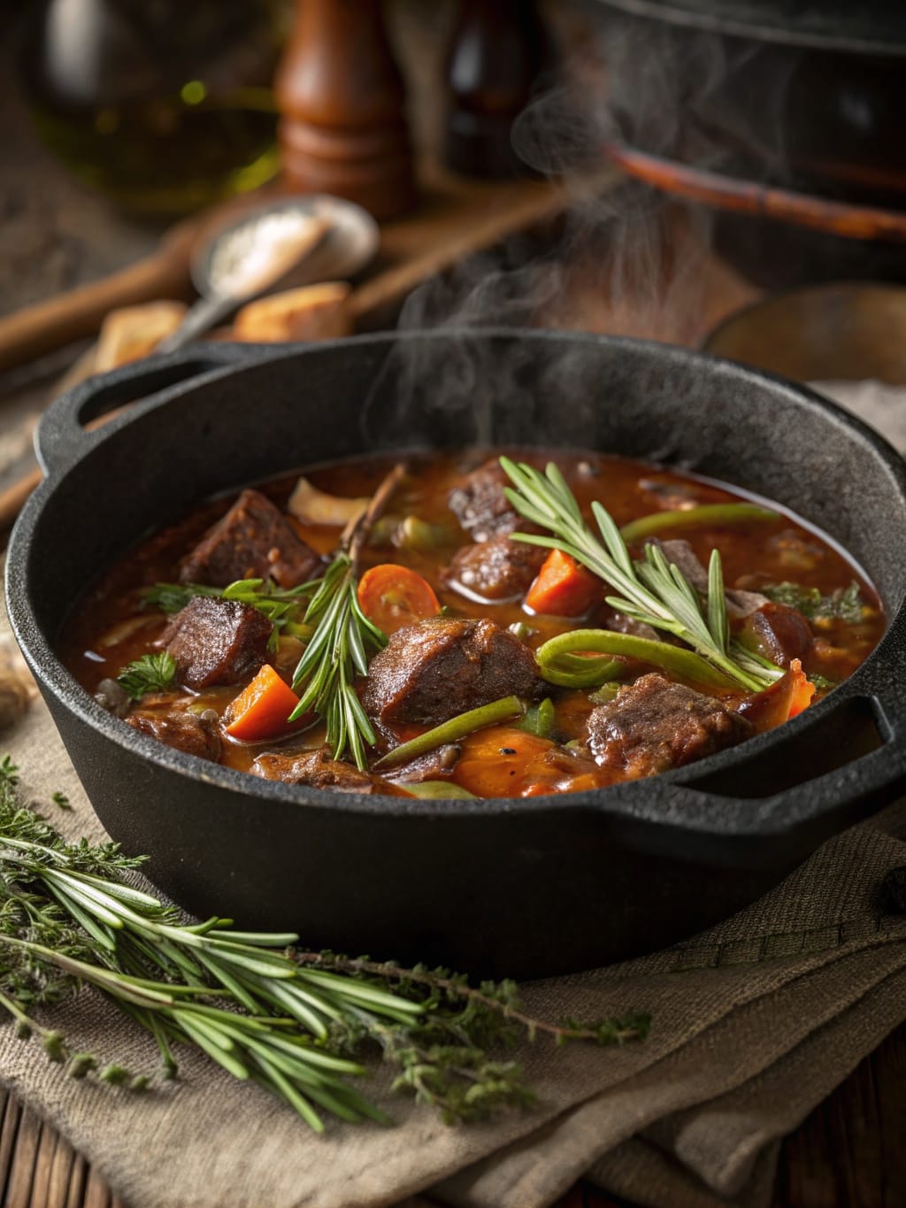 A steaming pot of wild game stew with vegetables and herbs
