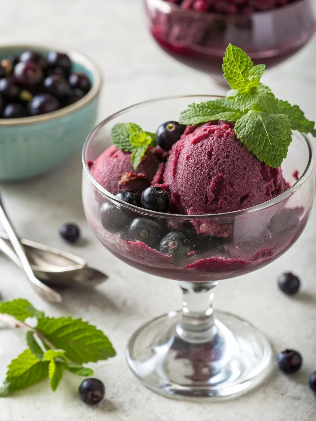 22 Gothic Wuthering Heights Party Recipes (A Moody Literary Menu) 11 A bowl of blackcurrant sorbet garnished with mint leaves and fresh blackcurrants.