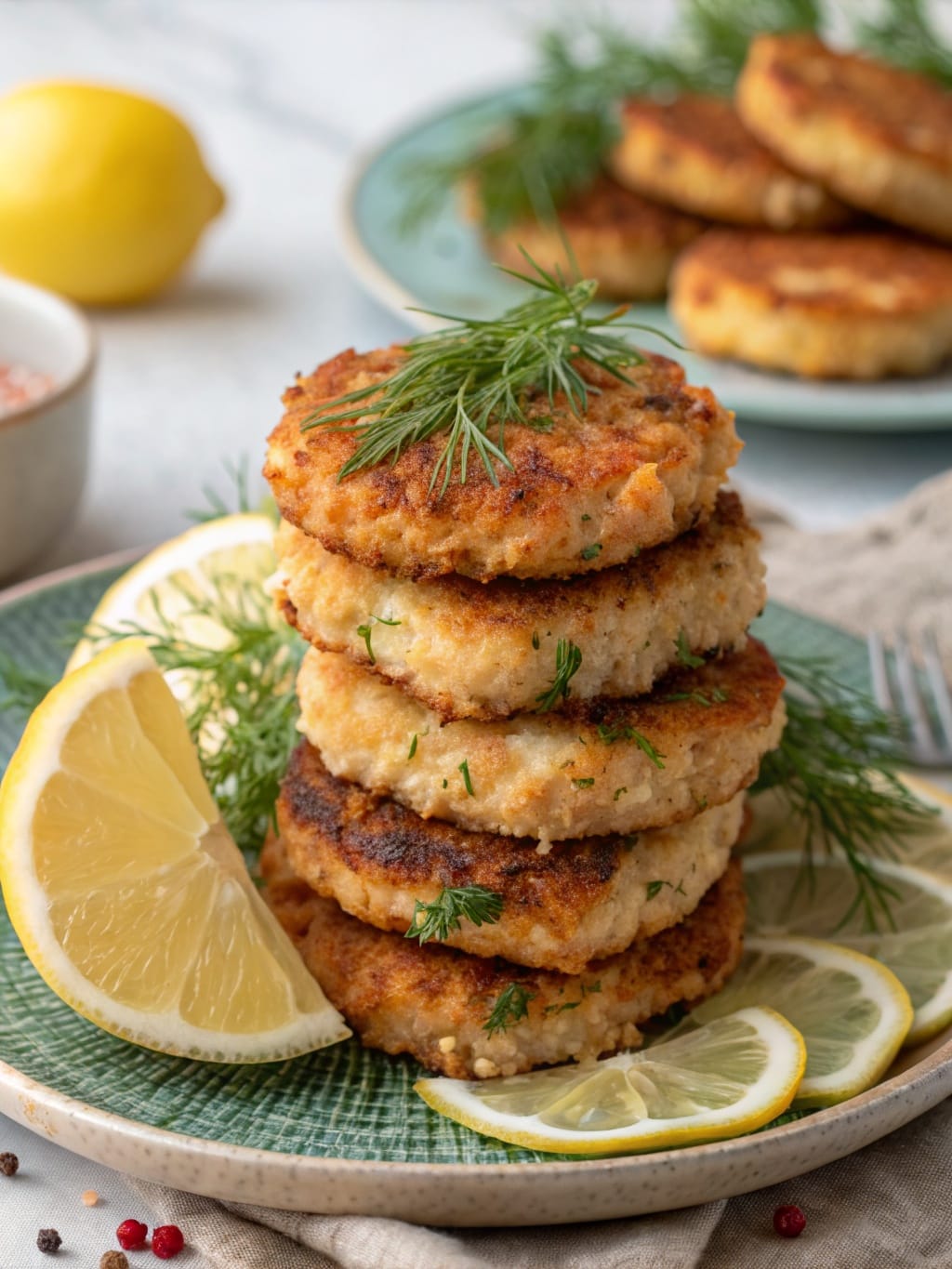 Crispy salmon patties stacked with lemon slices and dill