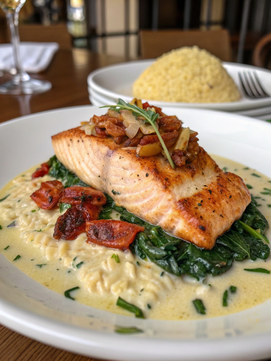 A delicious plate of creamy garlic butter Tuscan salmon with lemon parmesan orzo, garnished with herbs.