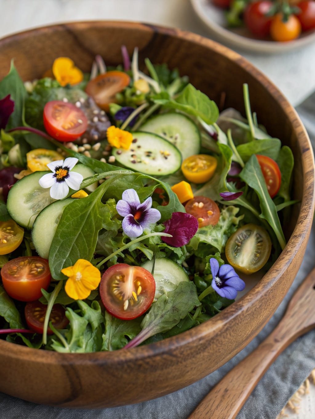 A vibrant salad with mixed greens, colorful tomatoes, and edible flowers in a wooden bowl.