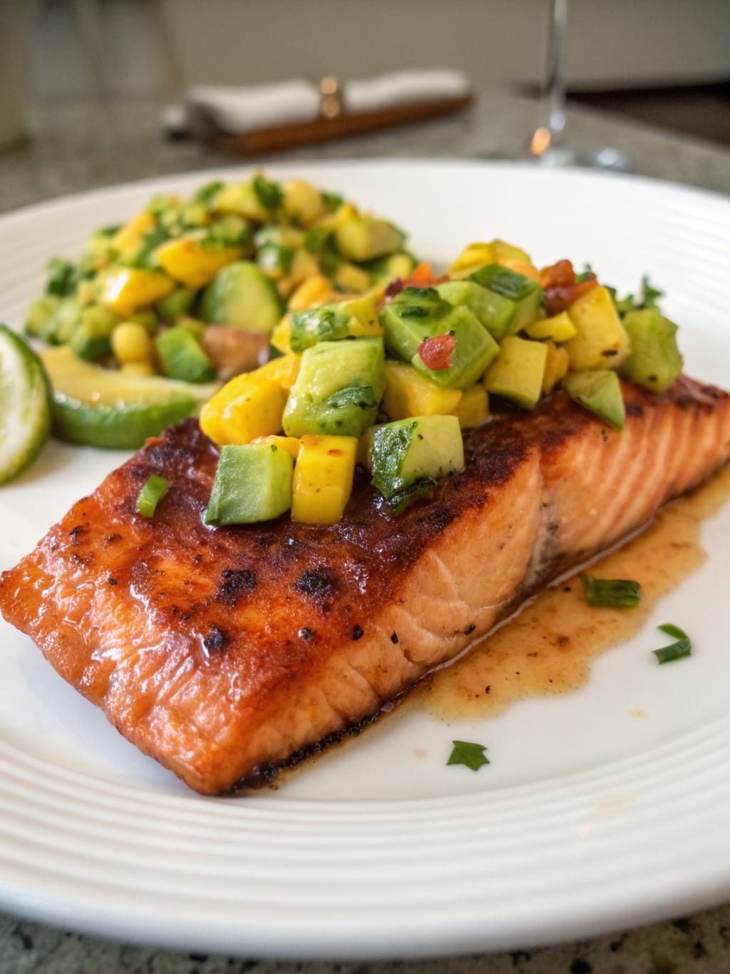 Honey Chipotle Glazed Salmon with Avocado Mango Salsa