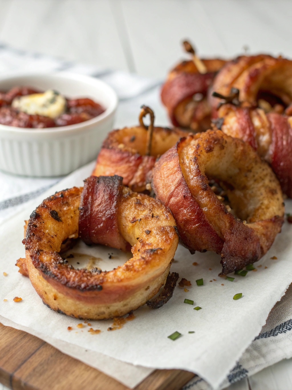 11 Irresistible Game Day Appetizers That Disappear Before Halftime 6 Air Fryer Bacon Wrapped Onion Rings served with dipping sauce