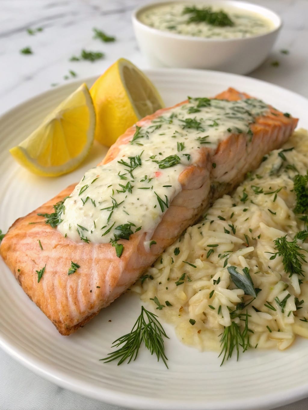 Baked salmon with dill rice and lemon honey mayo glaze