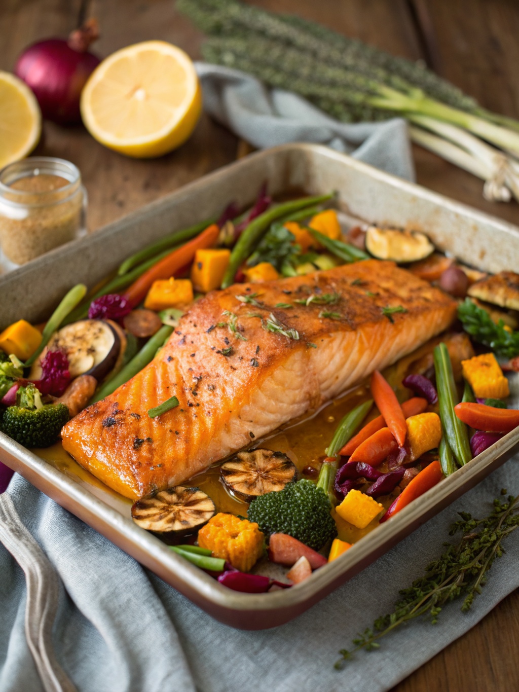 A delicious sheet pan meal featuring salmon and roasted fall vegetables.