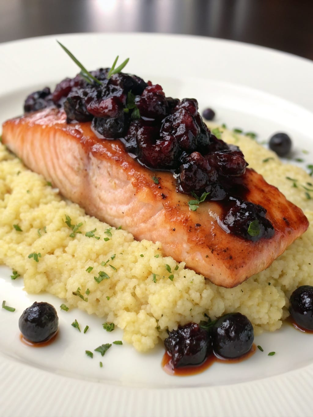 A plate of blueberry glazed salmon served on a bed of lemon herb couscous, garnished with fresh herbs.