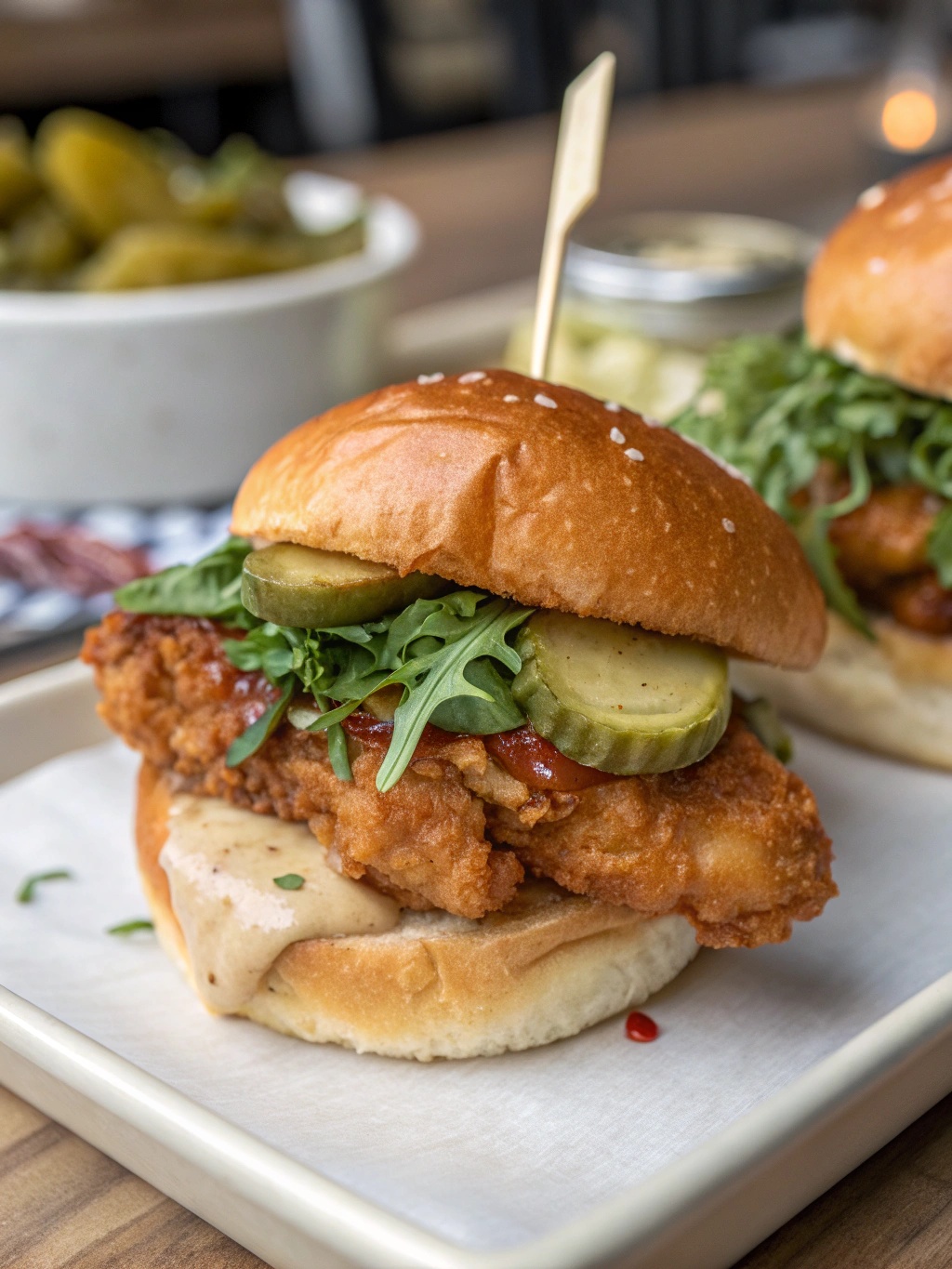 11 Irresistible Game Day Appetizers That Disappear Before Halftime 2 Nashville Hot Honey Butter Chicken Sliders on a plate