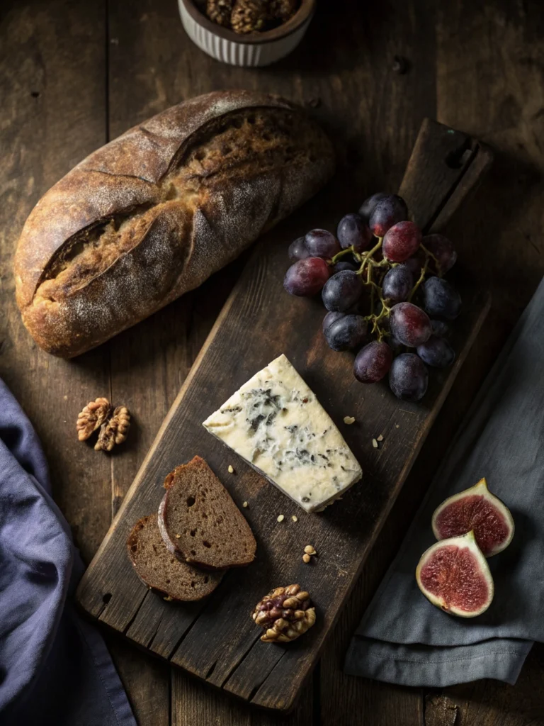 22 Gothic Wuthering Heights Party Recipes (A Moody Literary Menu) 10 A rustic bread and cheese platter with various cheeses, grapes, and sliced apples.