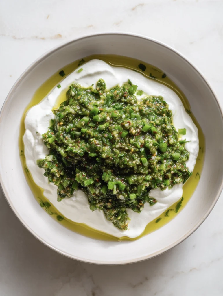 Creamy whipped feta dip with chunky charred scallion salsa verde on top
