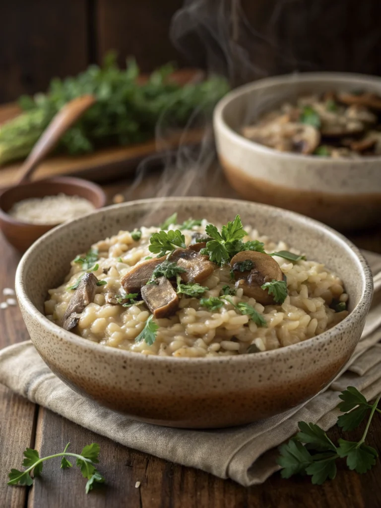 22 Gothic Wuthering Heights Party Recipes (A Moody Literary Menu) 16 A bowl of wild mushroom risotto garnished with herbs