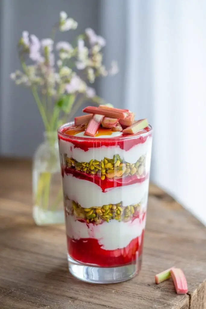 The Best Pistachio Recipes - Insanely Good Sweet and Savory Ideas You'll Make on Repeat 8 rhubarb pistachio parfait