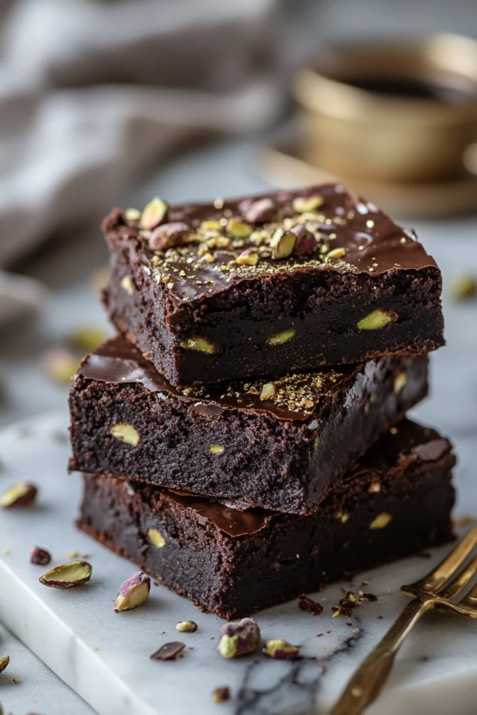 The Best Pistachio Recipes - Insanely Good Sweet and Savory Ideas You'll Make on Repeat 4 A stack of rich, fudgy chocolate brownies with pistachio running through them and scattered across the top