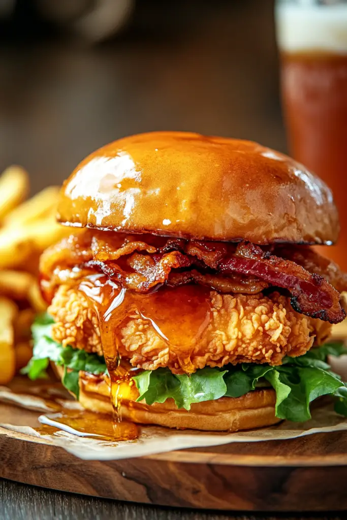 A golden crispy fried chicken sandwich
