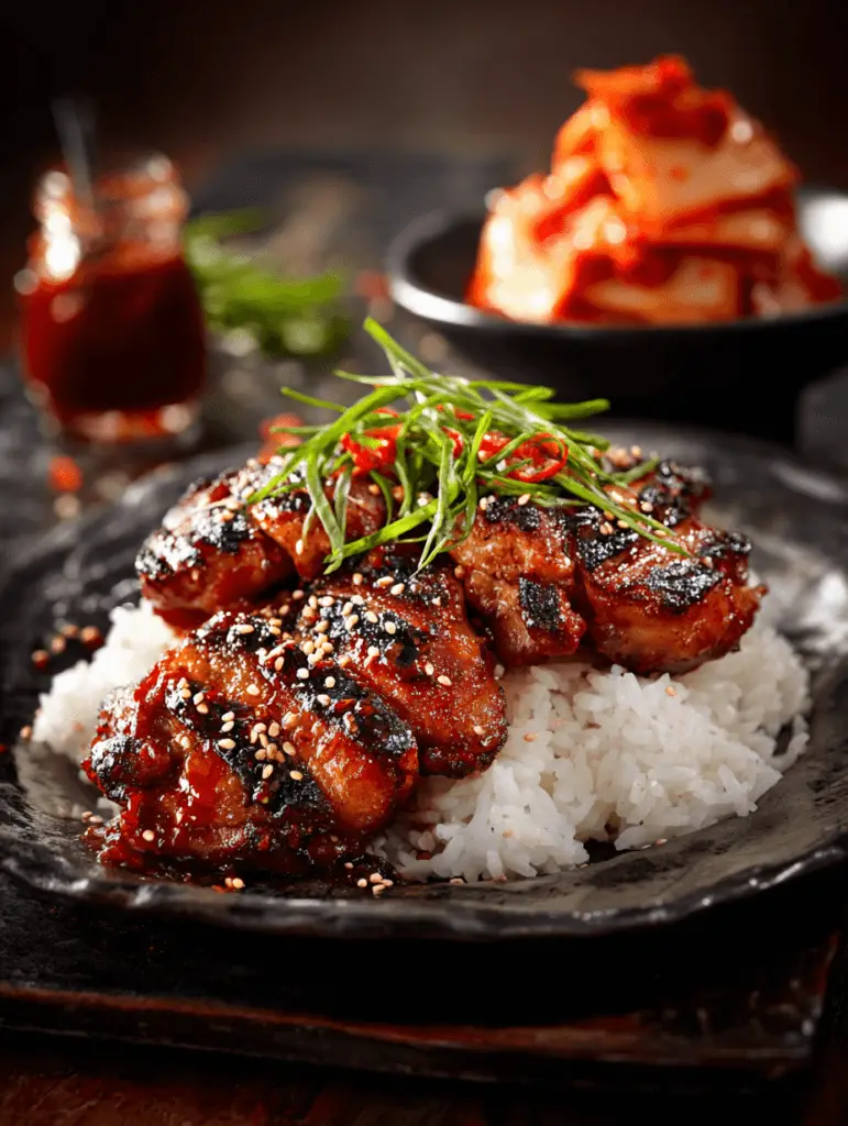 A plate of grilled korean BBQ chicken on rice