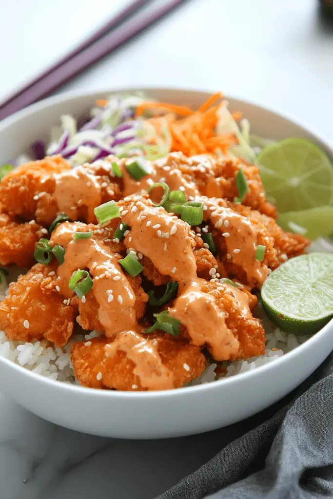 Bowl of air fried bang bang chicken and rice coated with sauce