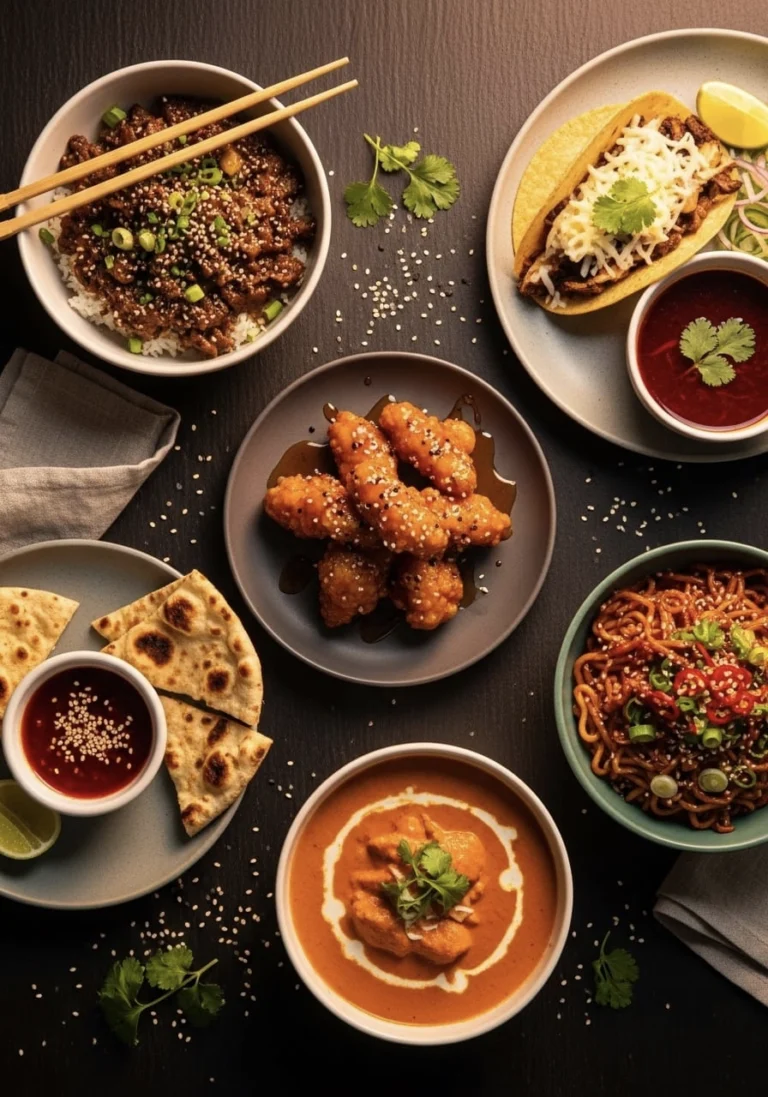 A spread of better than takeout dinners including Korean beef bowls, birria tacos, and chicken shawarma on a wooden table