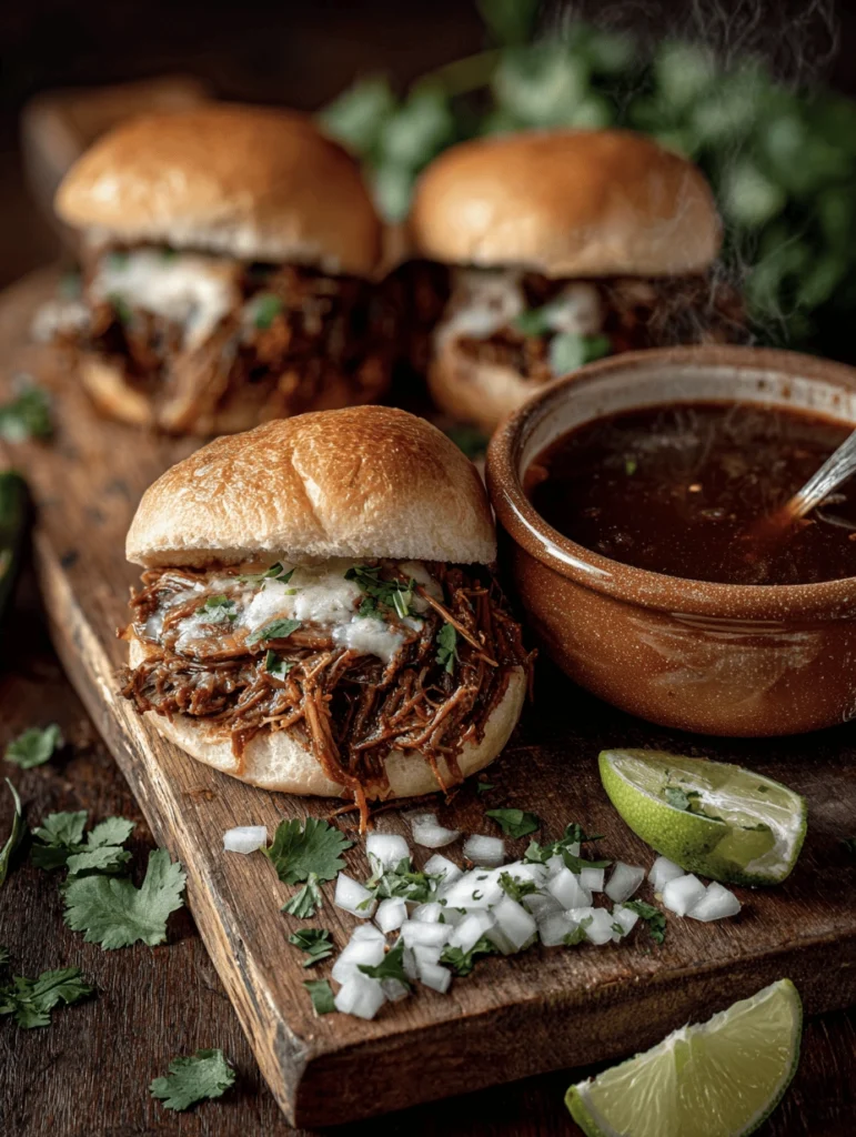 Birria sliders on a rustic wooden board with a small ceramic bowl of deep red consomme alongside