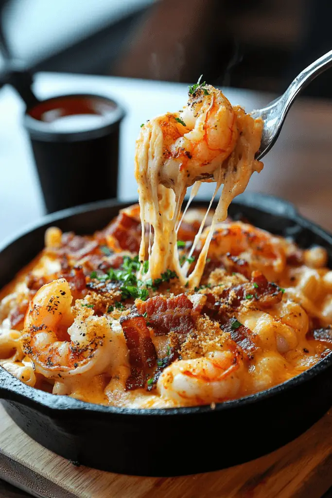 skillet with cajun shrimp Mac and cheese with bacon