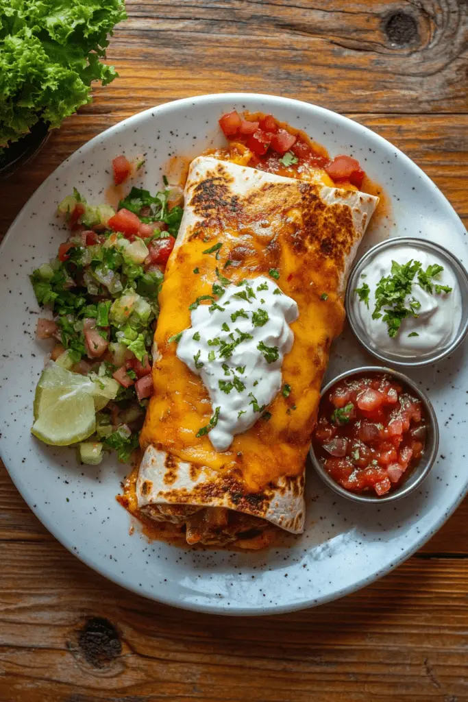Plate with Taco Bell style grilled cheese burrito with salsa and dips