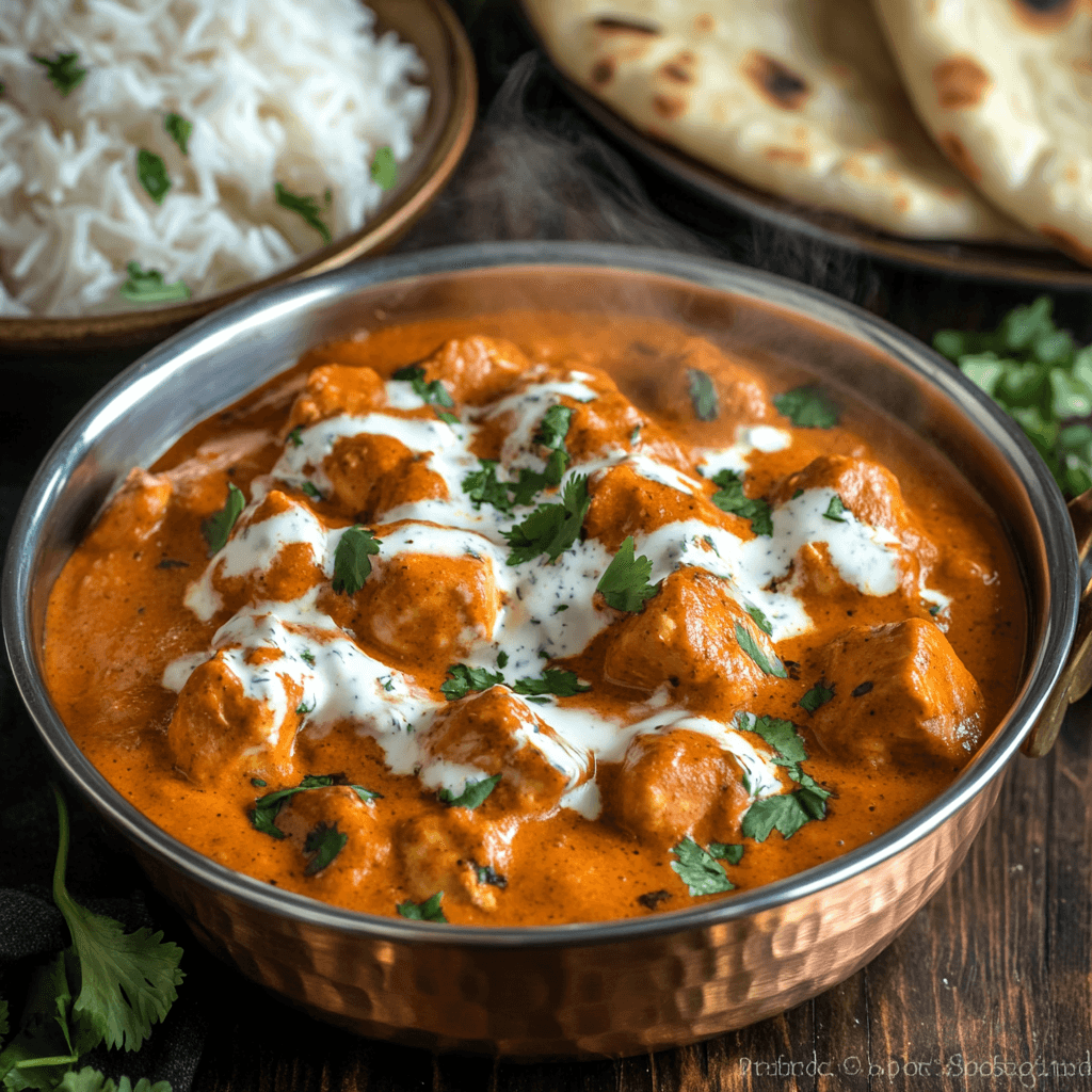 a restaurant style bowl of creamy chicken tikka masala with rice and naan bread