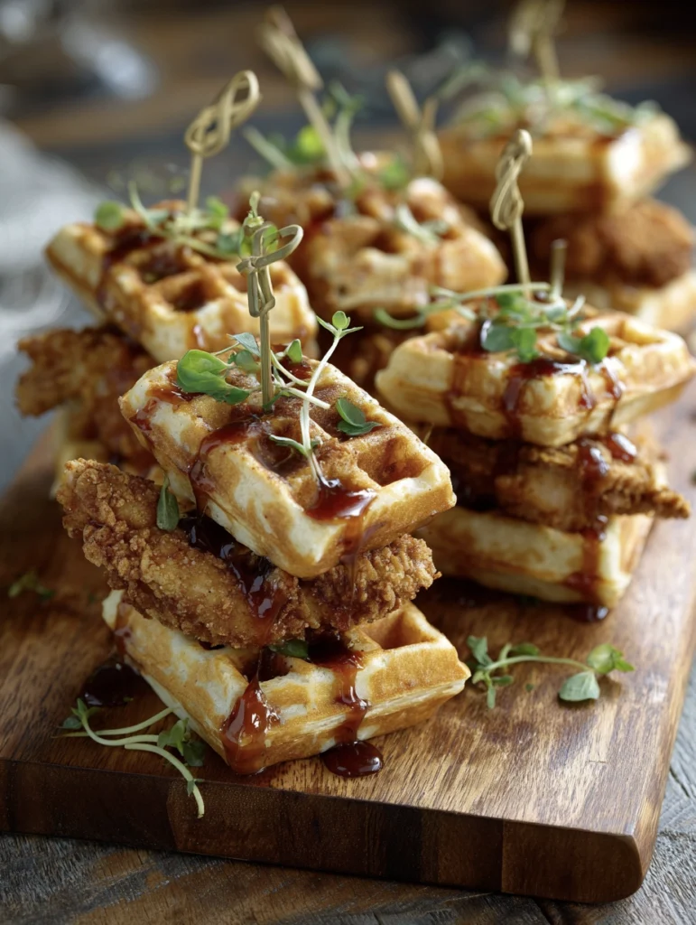 Hot honey chicken and waffle sliders on a board, crispy fried chicken on a mini waffle bun with hot honey butter pooling around the base