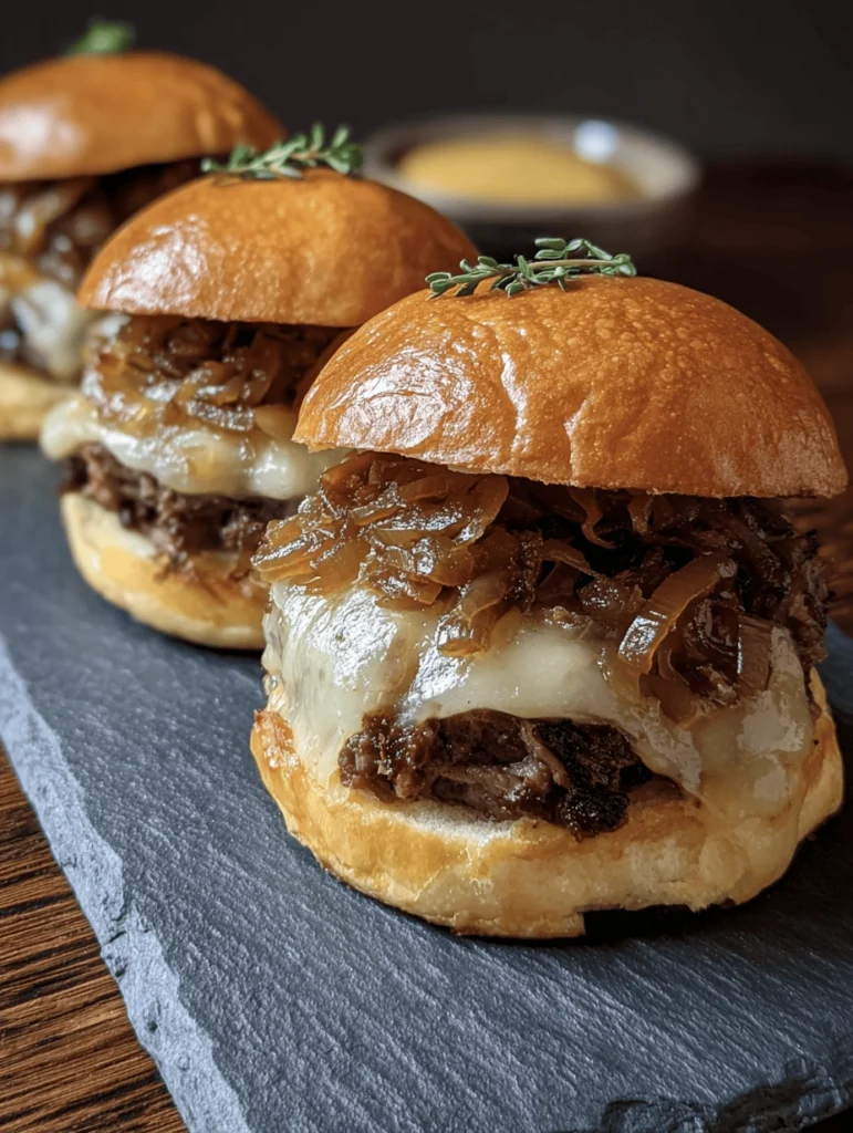 French onion slider on a dark slate board with melted gruyere oozing over a thin beef patty and deeply golden caramelized onions, small dish of Dijon mustard alongside