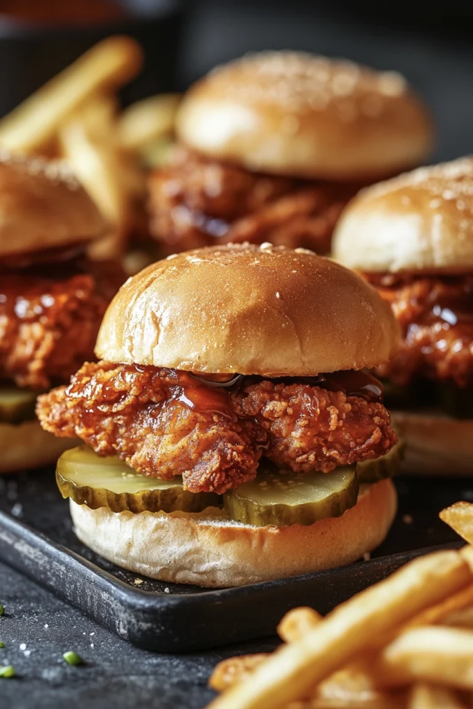 Nashville hot honey chicken slider on a wooden board, crispy fried chicken with glossy hot honey glaze and creamy slaw spilling from a toasted bun