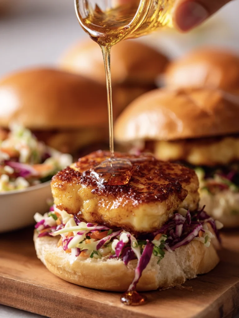 Hot honey halloumi slider cut in half showing golden crispy halloumi, hot honey drizzle and pickled red onions on a soft white bun on a wood surface
