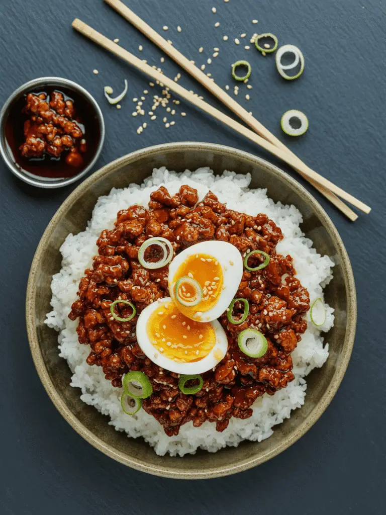 a bowl of korean ground beef with eggs on rice