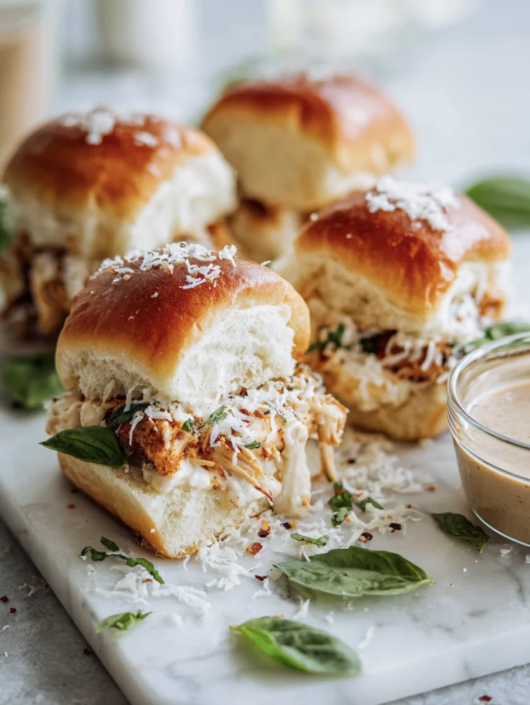 Marry me chicken slider on a white marble surface showing golden seared chicken in a creamy sun-dried tomato sauce with fresh basil and parmesan shavings