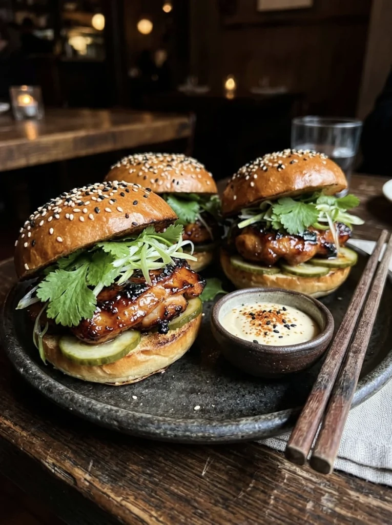 Spicy miso glazed chicken sliders on a dark ceramic plate, lacquered amber glazed chicken with cucumber pickles and fresh cilantro, sesame seeds scattered on top and a small dish of sesame mayo alongside