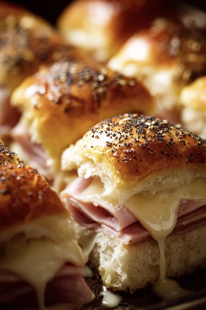 Ham and cheese sliders on Hawaiian rolls fresh from the oven on a white baking dish, golden buttery tops with poppy seeds and melted cheese visible at the sides