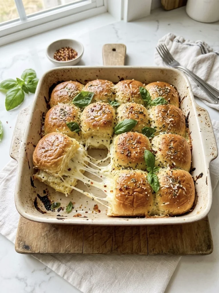 White pizza sliders in a baking dish fresh from the oven, golden garlic butter tops with one slider pulled apart showing stretchy melted mozzarella and creamy ricotta, fresh basil scattered over