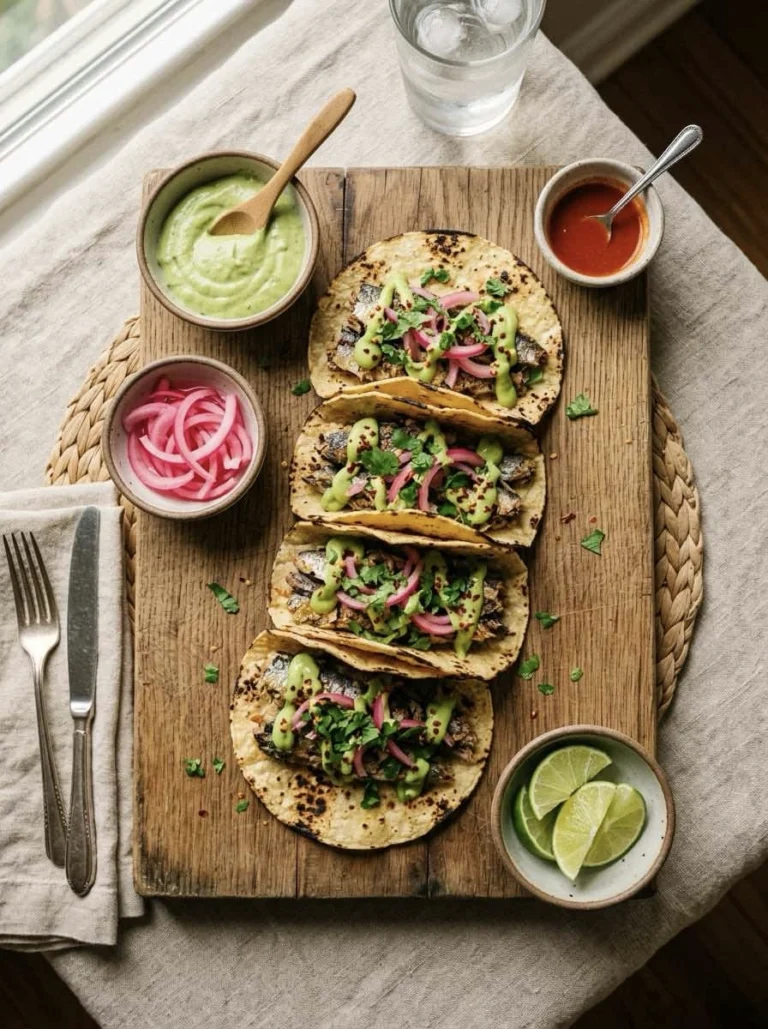 Sardine Smash Tacos with Pickled Red Onion and Avocado Crema (Under 20 Minutes)