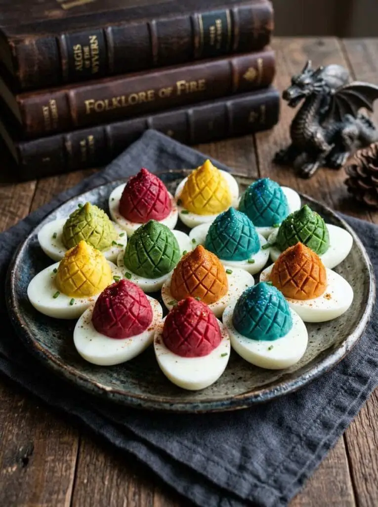 Colorful deviled 'dragon eggs' on a platter with edible shimmer