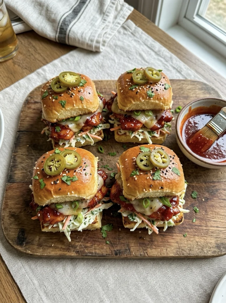 A wooden board with firecracker chicken sliders with jalapeños and hot sauce 