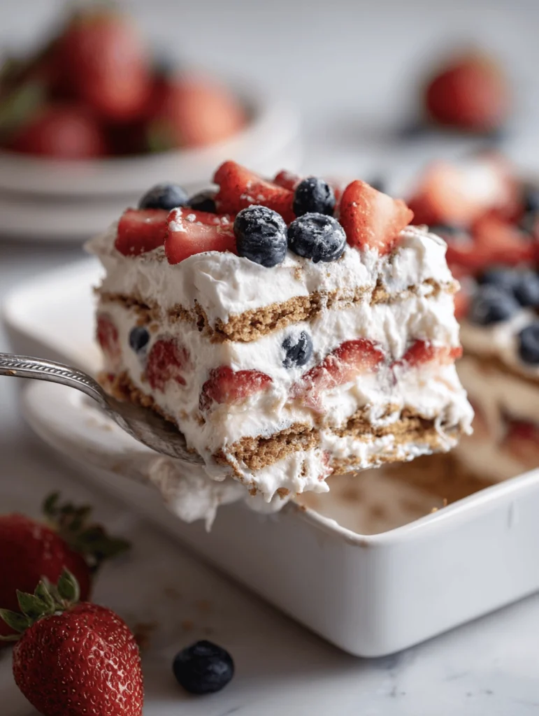 slice of red white and blue Memorial Day party icebox cake