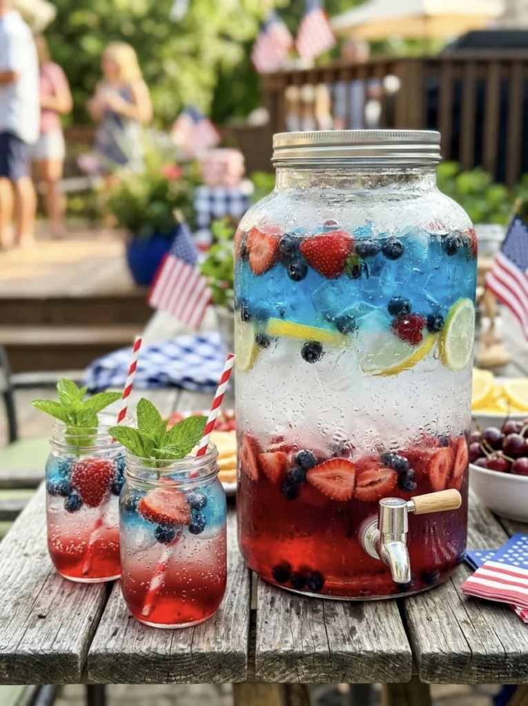 large outdoor drinks dispenser with a red white and blue layered fruit punch