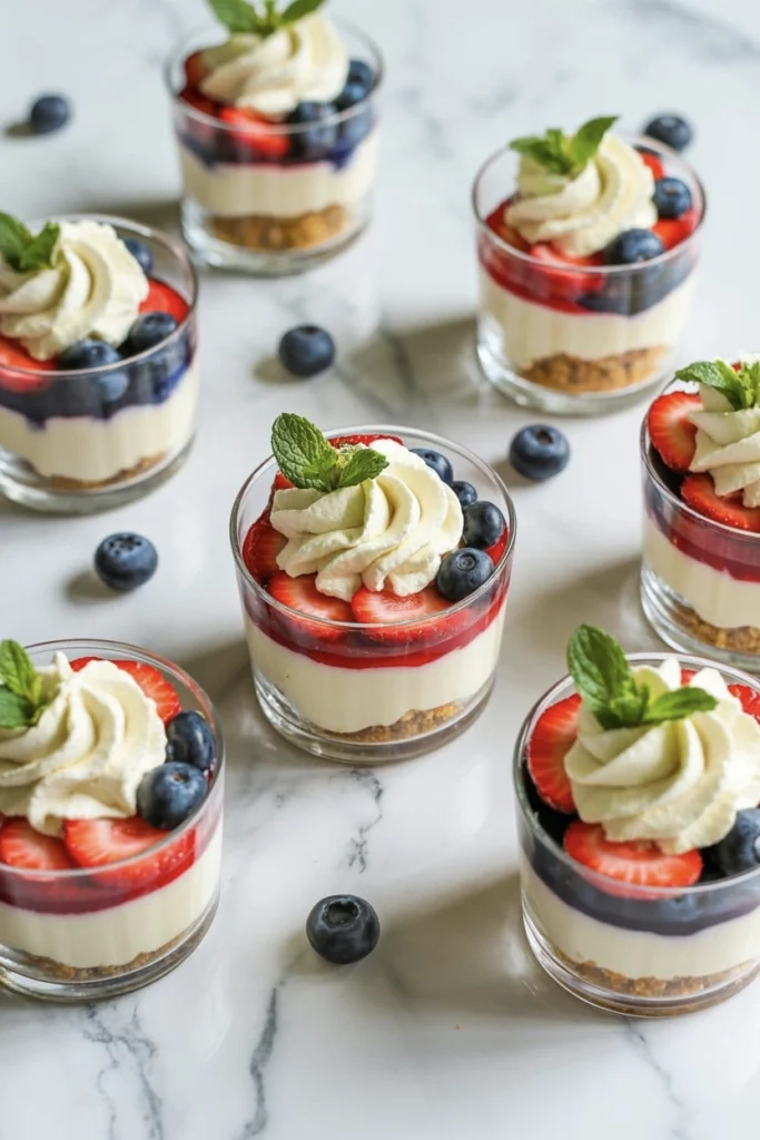Red White and Blue No-Bake Cheesecake desserts in clear cups