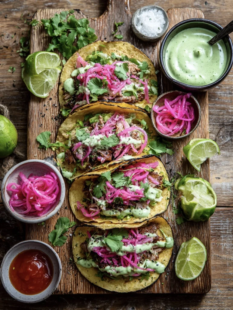 Sardine Smash Tacos with Pickled Red Onion and Avocado Crema ov a wooden board